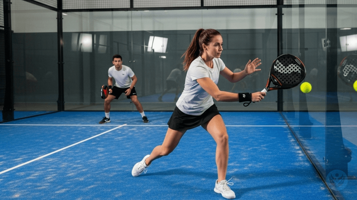Jugador de pádel realizando un golpe junto a la red